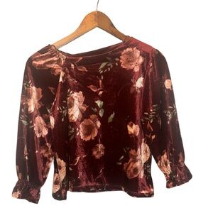 Velvet Floral Women's Blouse in Burgundy